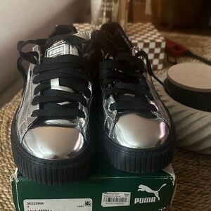 Puma Metallic Silver Low-Top Sneakers with Black Soles